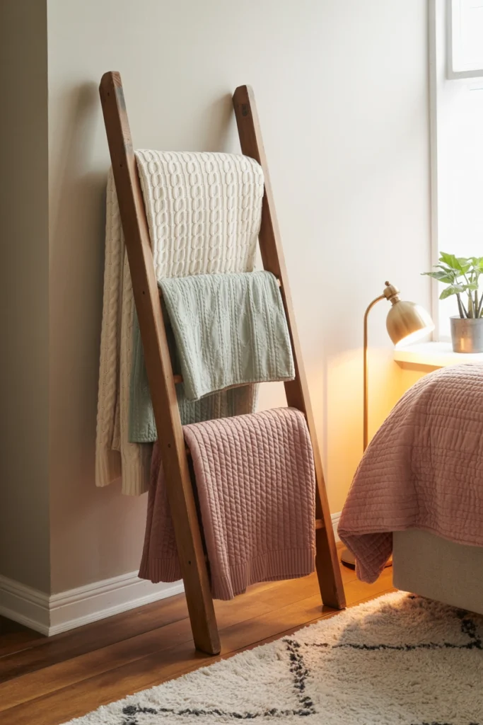 Repurposed Ladder Blanket Rack