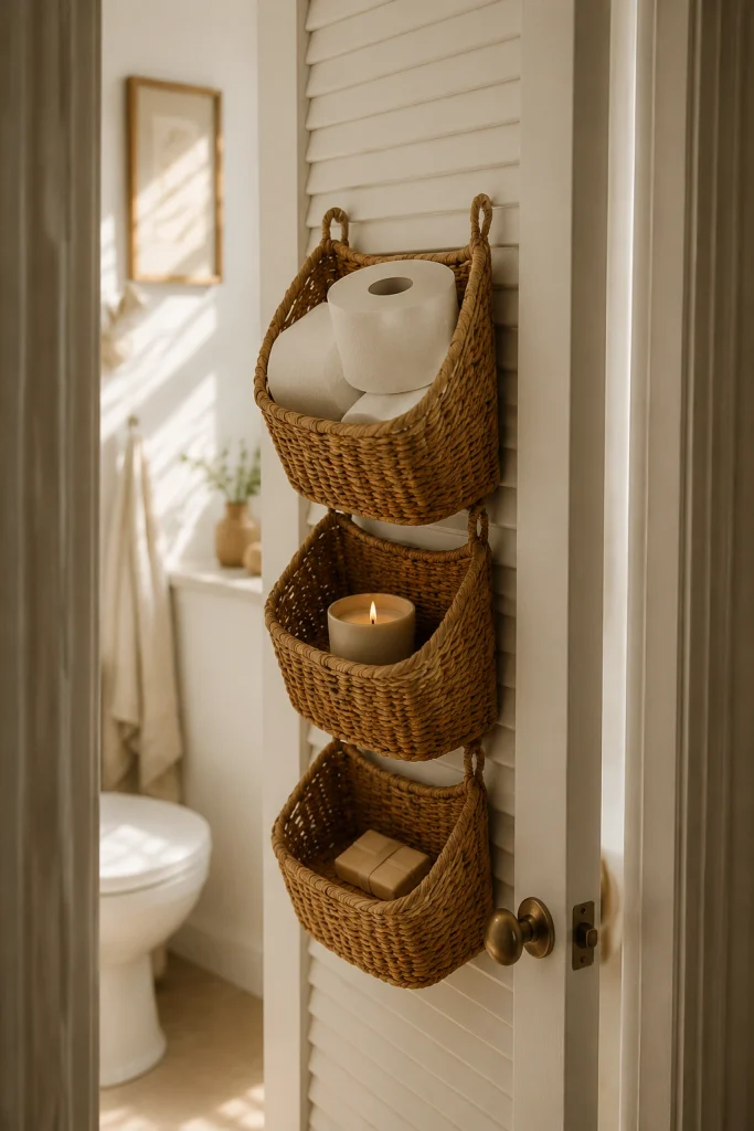 32 Small Bathroom Storage Ideas With No Cabinet Space Behind-Door Hanging Baskets