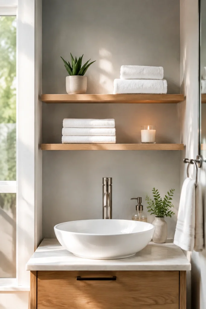 32 Small Bathroom Storage Ideas With No Cabinet Space Floating Wall Shelves