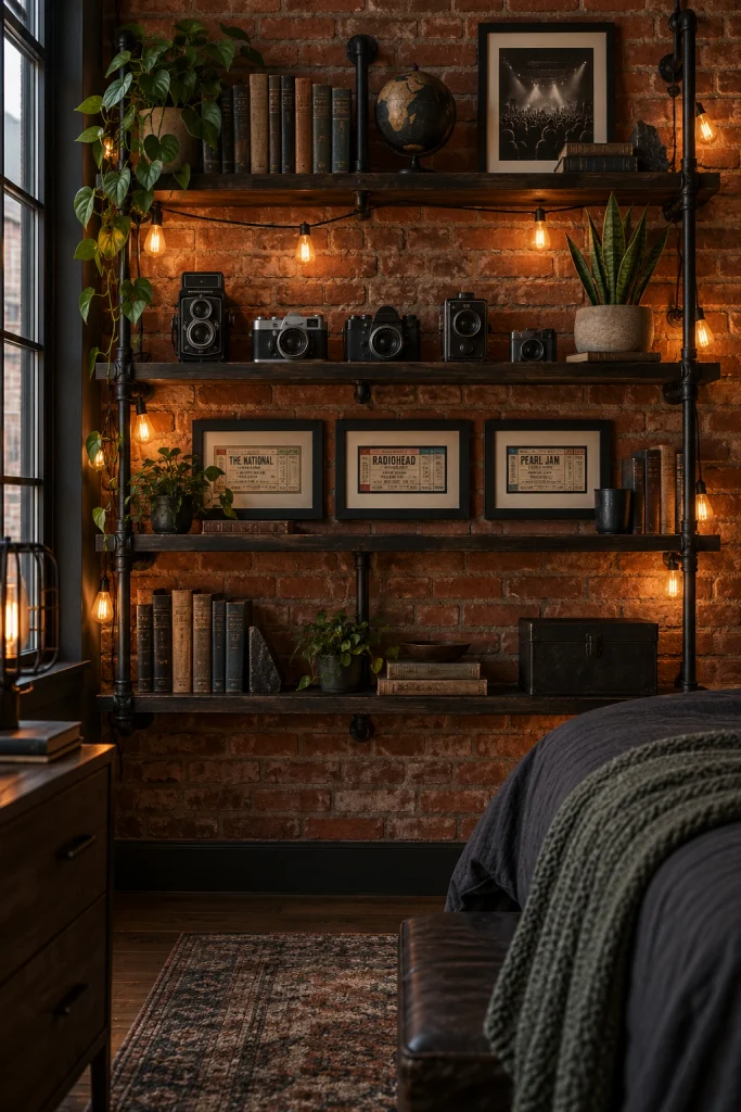 21 Bedroom Decorating Ideas for Teenage Guys That They'll Love Industrial Pipe Shelving
