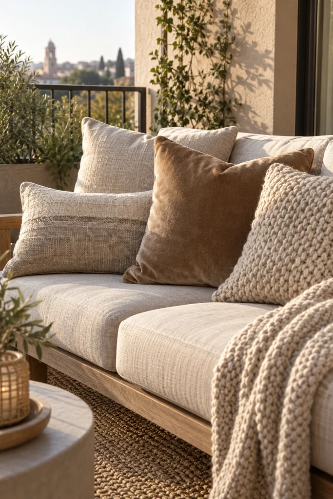 25 Balcony Decor Ideas for a Stunning Outdoor Space Layered Textured Cushions