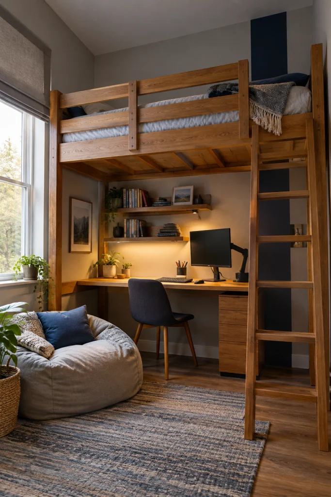 21 Bedroom Decorating Ideas for Teenage Guys That They'll Love Loft Bed Setup