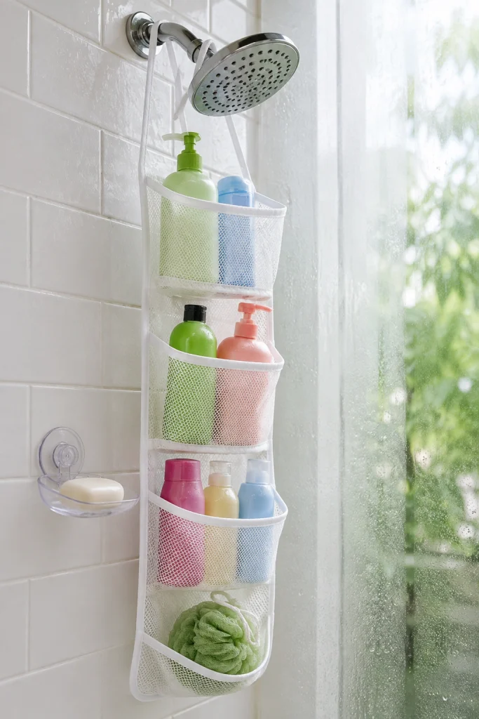 32 Small Bathroom Storage Ideas With No Cabinet Space Mesh Shower Organizer