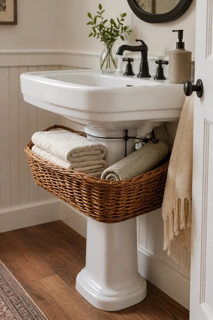 32 Small Bathroom Storage Ideas With No Cabinet Space Pedestal Vanity Basket