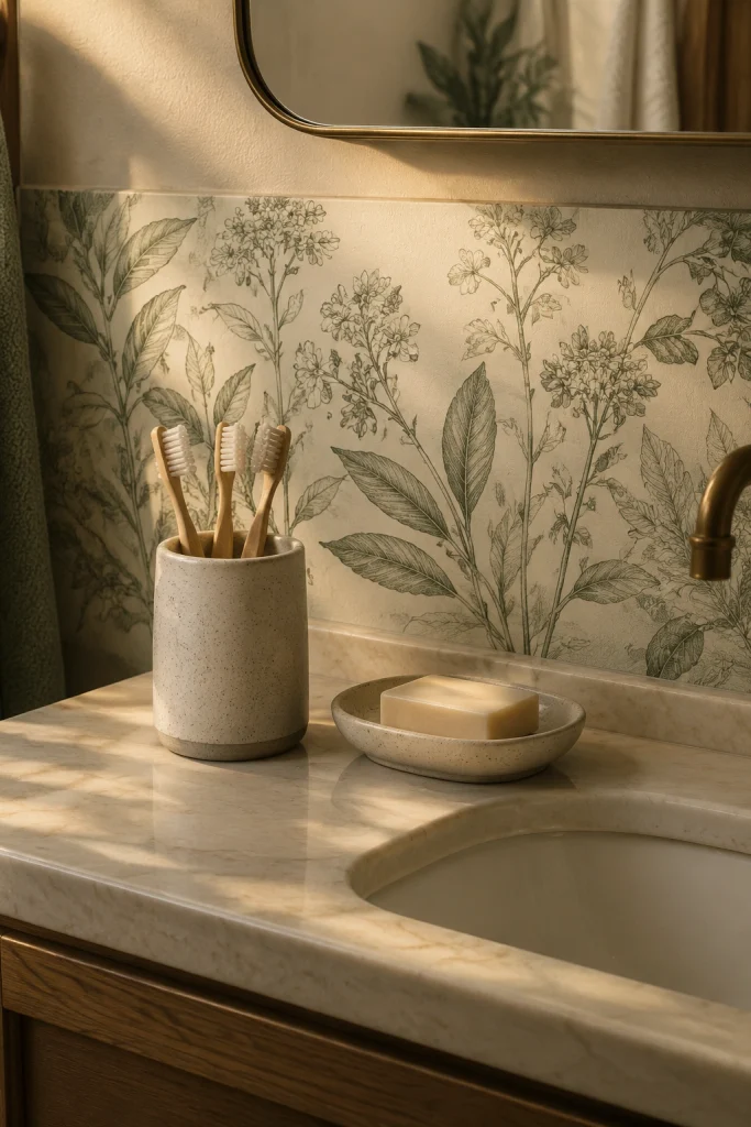 32 Small Bathroom Storage Ideas With No Cabinet Space Peel-and-Stick Wallpaper Vanity Area