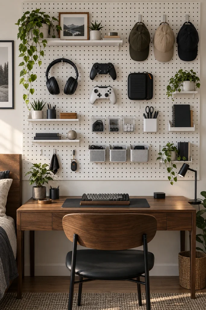 21 Bedroom Decorating Ideas for Teenage Guys That They'll Love Pegboard Organization