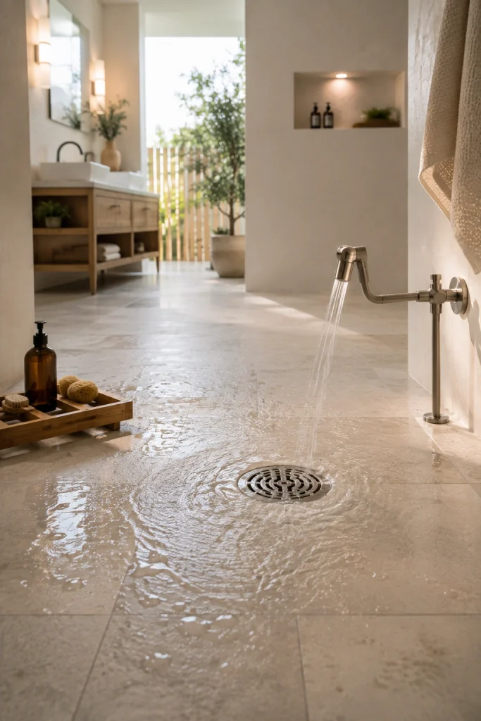 Pivot-Stop Drain For Flexible Shower Layout