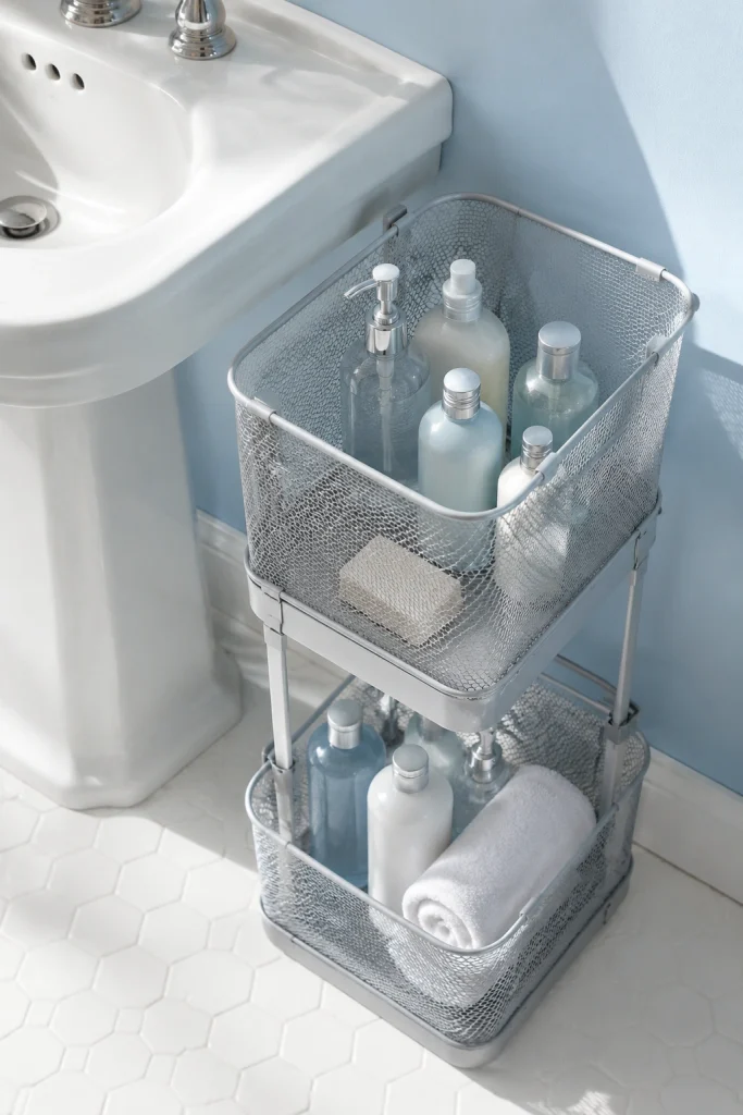 32 Small Bathroom Storage Ideas With No Cabinet Space Stackable Caddy System