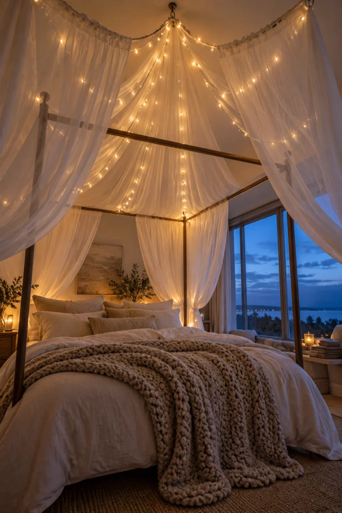 21 Bedroom Decorating Ideas for Teenage Guys That They'll Love String Light Canopy