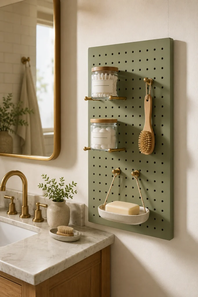 32 Small Bathroom Storage Ideas With No Cabinet Space Vertical Pegboard Wall