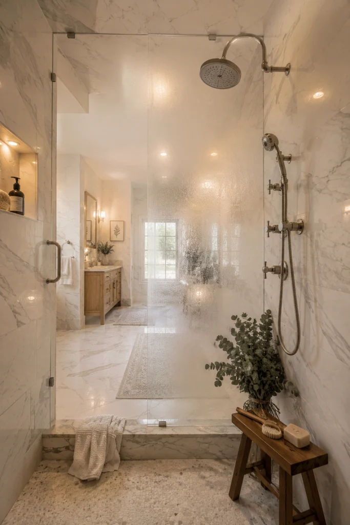 Walk-In Shower With Frameless Glass Panels