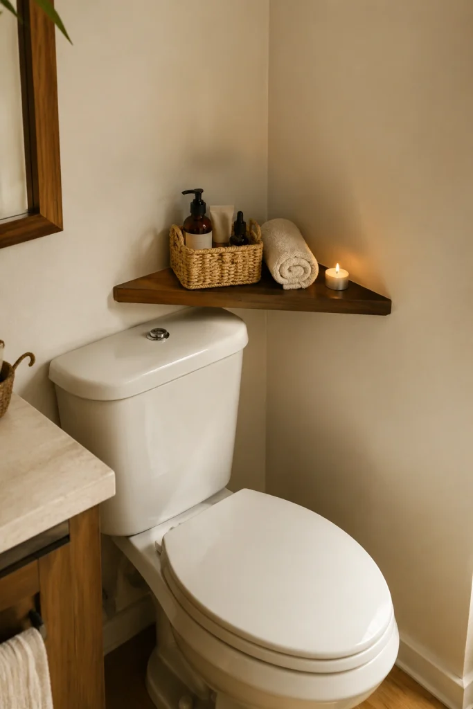 32 Small Bathroom Storage Ideas With No Cabinet Space Wedge Shelf Behind Toilet